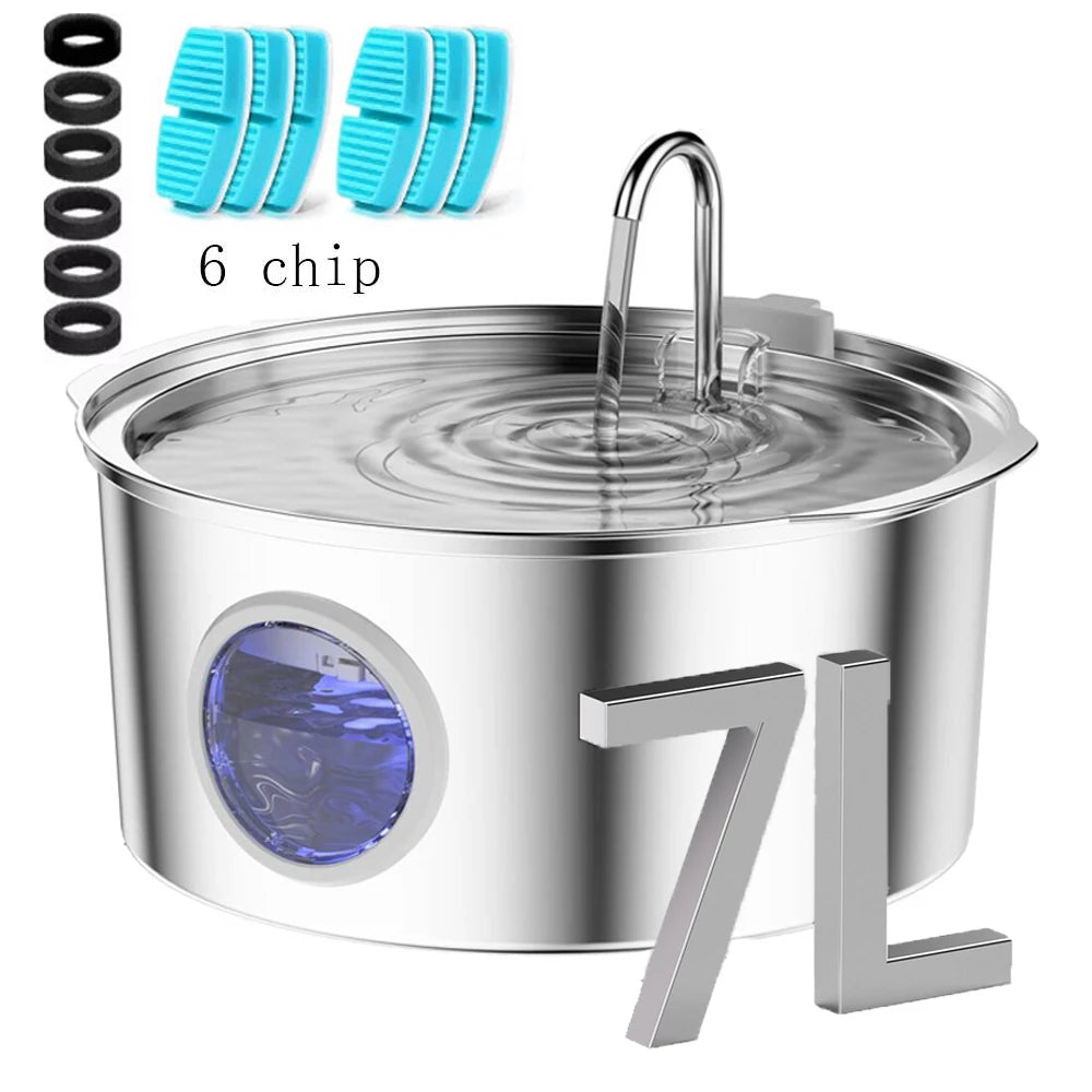 7L Stainless Steel Pet Water Fountain - Ultra-Quiet Large Capacity Water Bowl for Dogs, Cats & Multi-Pet Homes