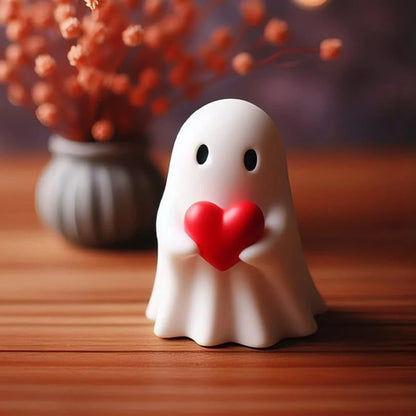 8.5cm White Cute Ghost Figurine — Halloween Desk & Shelf Decor with Black Bat, Kawaii Heart Ghost Mini Statue