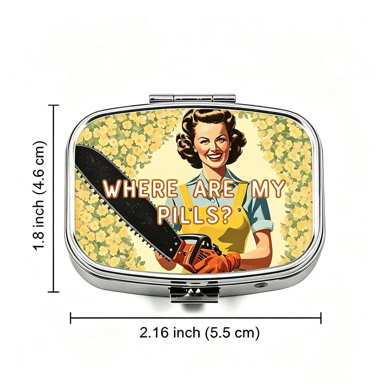 “Where Are My Pills?” Metal Pill Box - Retro 2-Compartment Portable Travel Medicine Organizer