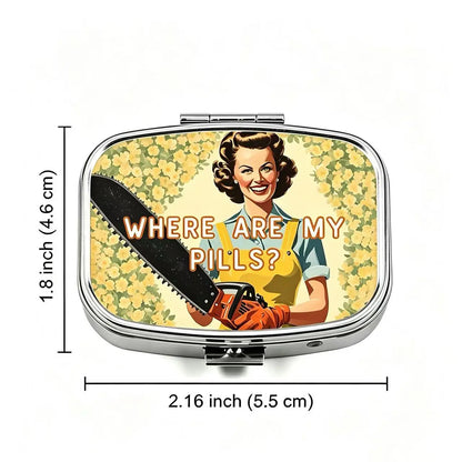 “Where Are My Pills?” Metal Pill Box - Retro 2-Compartment Portable Travel Medicine Organizer