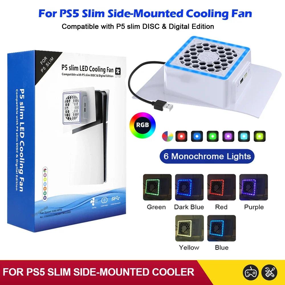 NEW Side-Mounted Cooling Fan for PS5 Slim – LED Light & 2 USB Ports Game Console Cooler Accessory