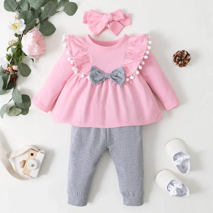 Newborn Baby Girls Clothes Set – Pink Ruffle Top & Heart Print Bow Trousers, Princess Casual Outfit for Infants