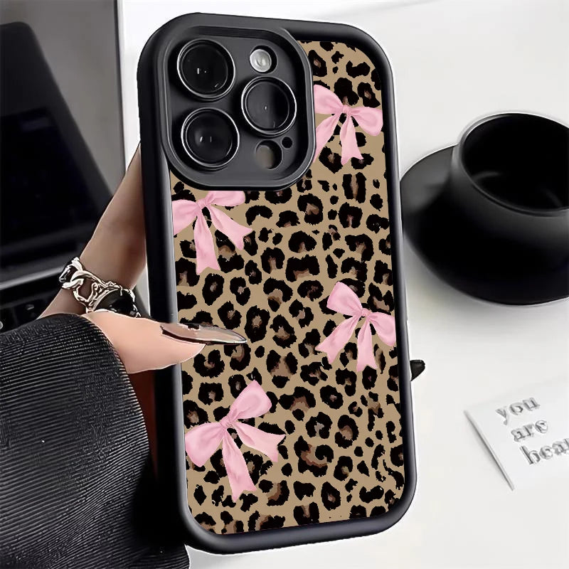 Leopard Print Bow iPhone Case - Waterproof Shockproof Anti-Scratch Cover for iPhone 11-17 Pro Max, Plus & Air Series