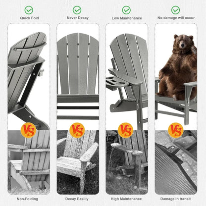 HDPE Folding Adirondack Chair Set – Weather-Resistant Outdoor Chairs with 4-in-1 Cup Holder Trays