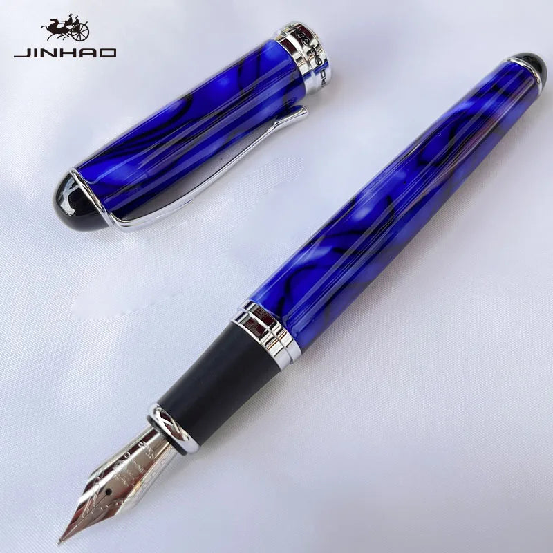 Jinhao X750 Fountain Pen Set - Medium Nib with Ink Converter, Silver Trim Calligraphy Writing Pen & Gift Set