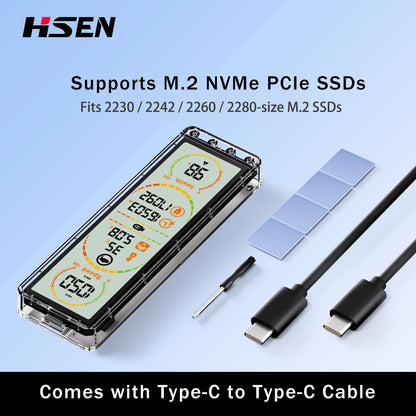 10Gbps M.2 SSD Enclosure - USB 3.2 Gen2 Type-C External Case with Smart Display for NVMe & SATA Drives