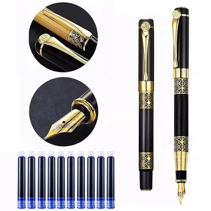 Retro Metal Fountain Pen — 1-100PCS Set with Replaceable Ink, Elegant Writing Pen for Office, School, and Stationery Gifts