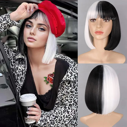 Synthetic Half Black Half White Bob Wig – Short Straight Wig with Bangs for Women, Cosplay & Party Wear