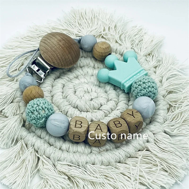 DIY Custom Name Silicone Beads & Wooden Ring Pacifier Clip – Safe Baby Teether, Eco-Friendly Dummy Chain Gift
