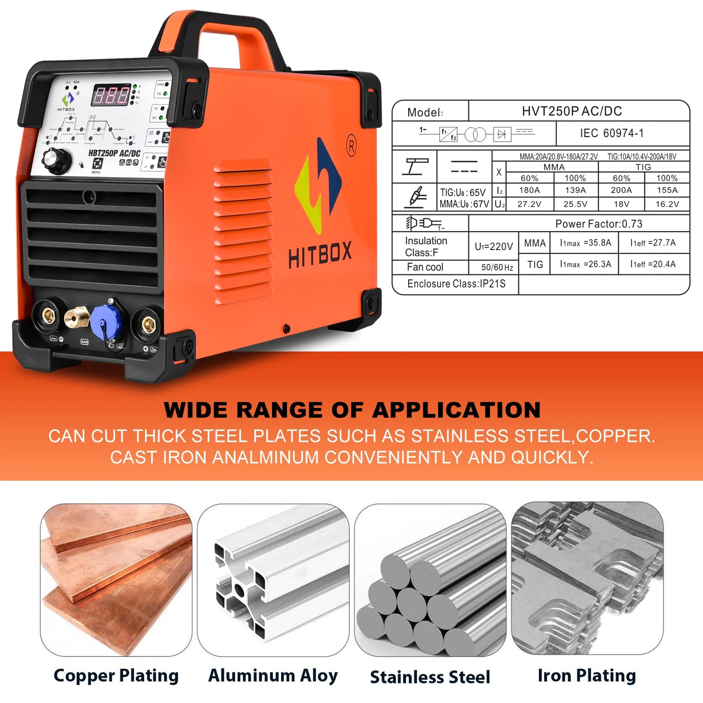 HITBOX 200A 6-in-1 HF TIG AC/DC Aluminum Welder — MMA ARC Argon Digital Pulse Stainless Welding Machine, 2T/4T HBT250P 220V