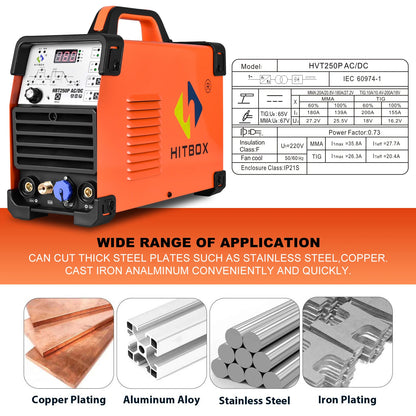 HITBOX 200A 6-in-1 HF TIG AC/DC Aluminum Welder — MMA ARC Argon Digital Pulse Stainless Welding Machine, 2T/4T HBT250P 220V