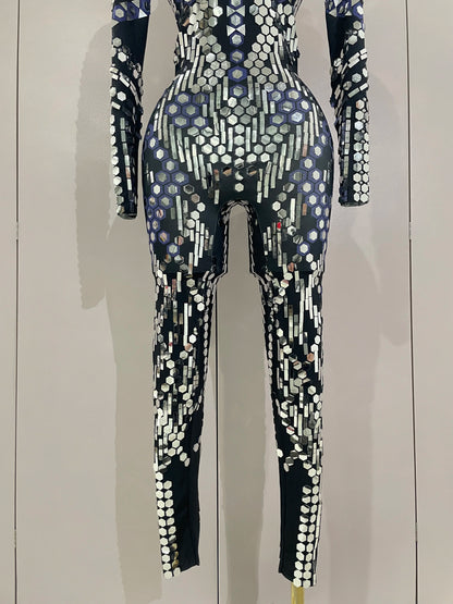 Sexy Shiny Silver Sequin & Black Spandex Jumpsuit — 2025 Women’s Prom, Dancer & Stage Performance Costume