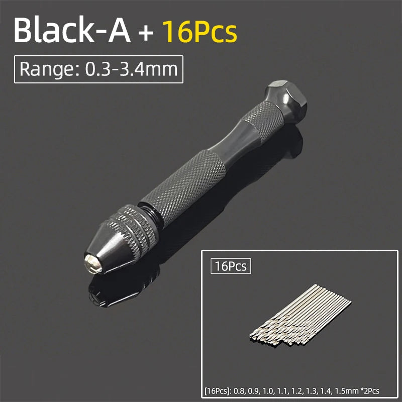 Mini Aluminum Hand Drill 0.3–3.4mm – Keyless Chuck Micro Rotary Tool with HSS Twist Drill Bit Set for Wood & DIY Crafts