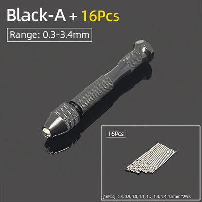 Mini Aluminum Hand Drill 0.3–3.4mm – Keyless Chuck Micro Rotary Tool with HSS Twist Drill Bit Set for Wood & DIY Crafts