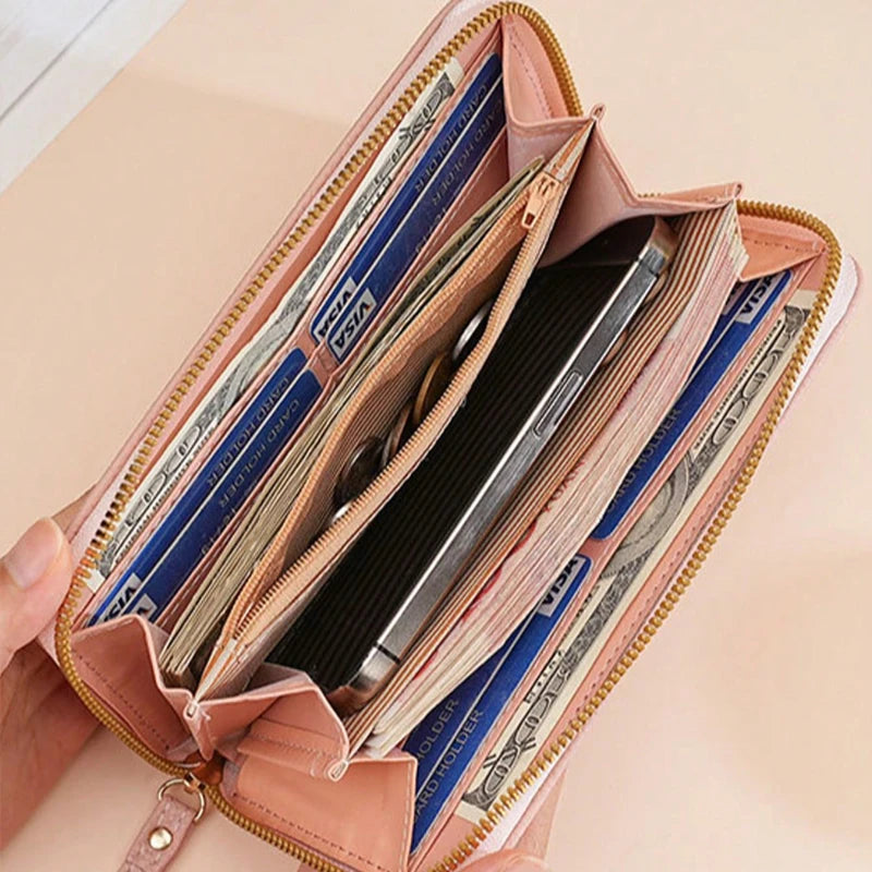 Stitch Long Zip Wallet for Women – Cute Cartoon Print with Wrist Strap, Soft Multi-Card Holder in 4 Colors