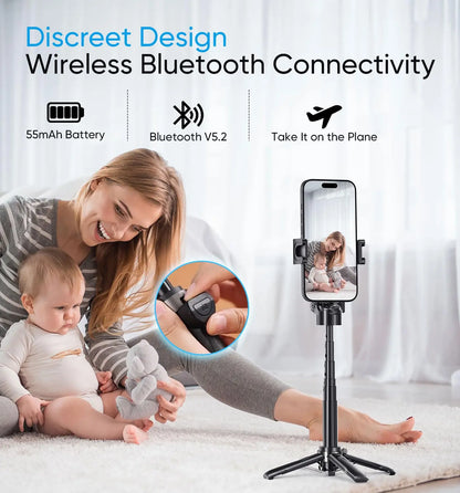 Mini Tripod Selfie Stick 2025 – Bluetooth Remote, One-Touch Push Button, 360° Rotating Stand for iPhone