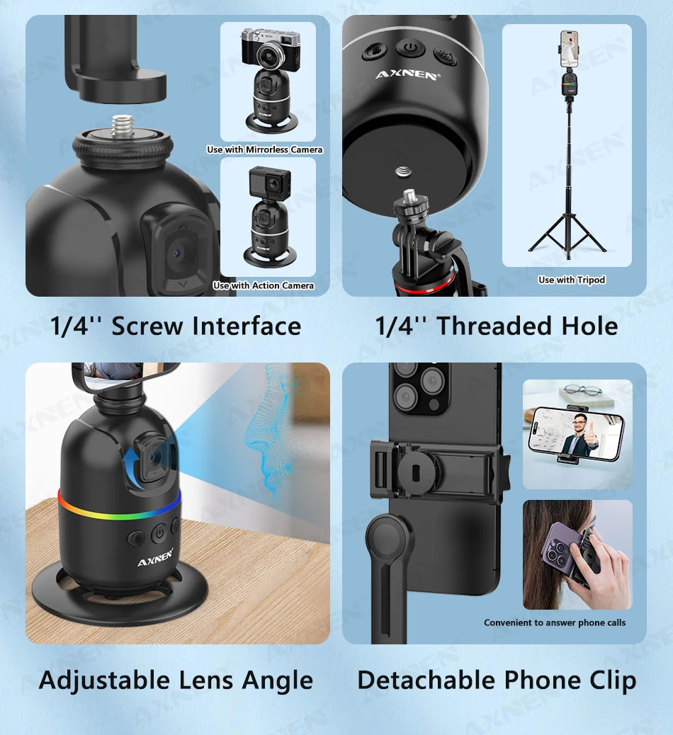 Smart Auto Face Tracking AI Gimbal – 360° Desktop Vlog Stabilizer for Smartphone & Action Camera (Tripod Optional)