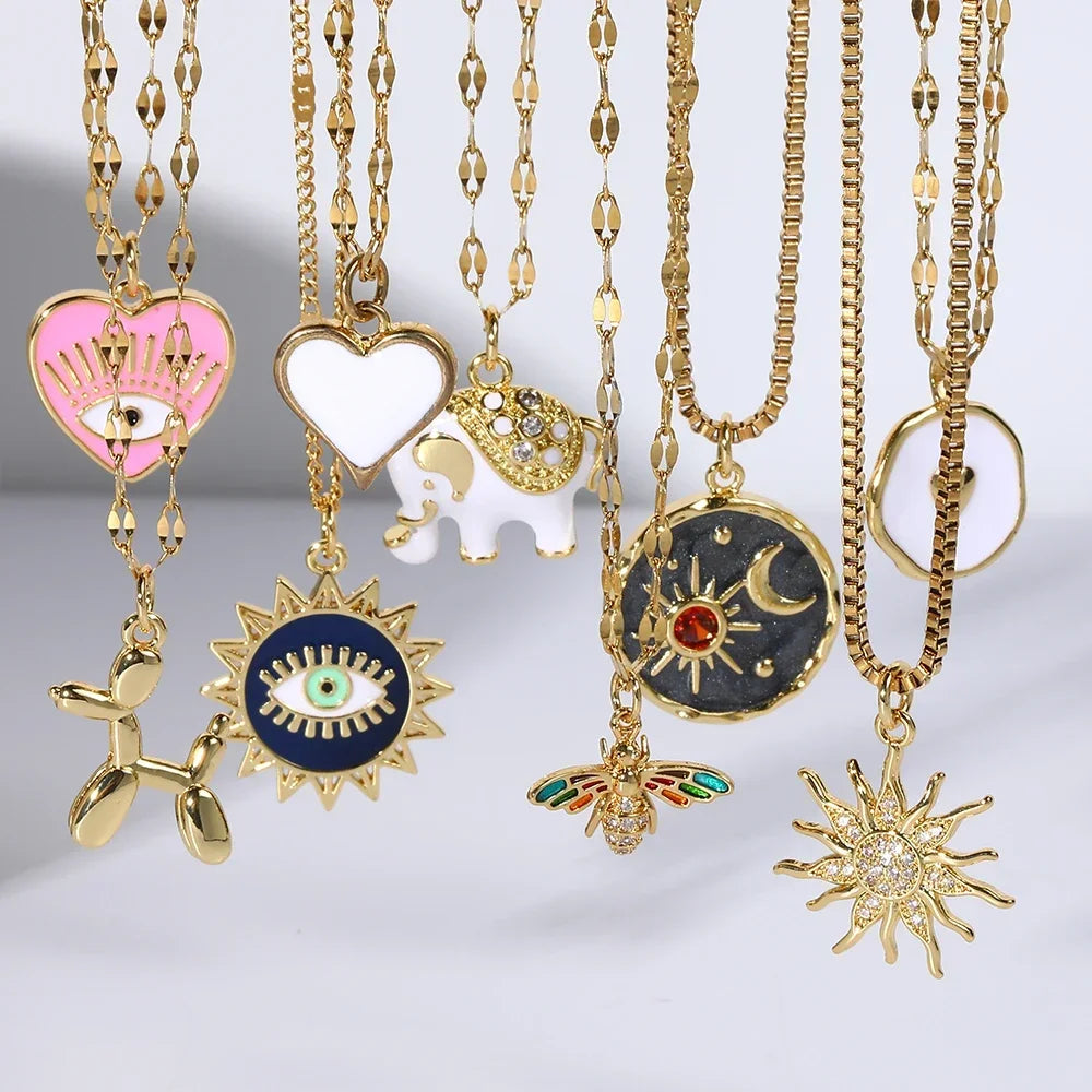Heart Evil Blue Eye Sun Necklace – Cute Dog, Bee & Elephant Gold Pendant with Long Stainless Steel Chain for Women