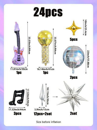 24-Piece Pop Music Party Balloon Set – Guitar, Microphone, Disco Ball, Musical Notes and Star Decorations