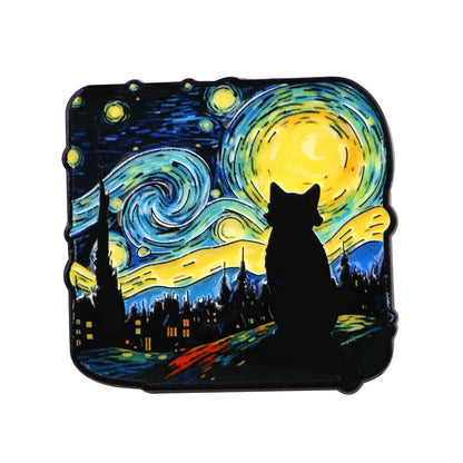 Starry Night Cat Brooch - Van Gogh-Inspired Enamel Pin Badge and Artistic Fashion Jewelry Gift
