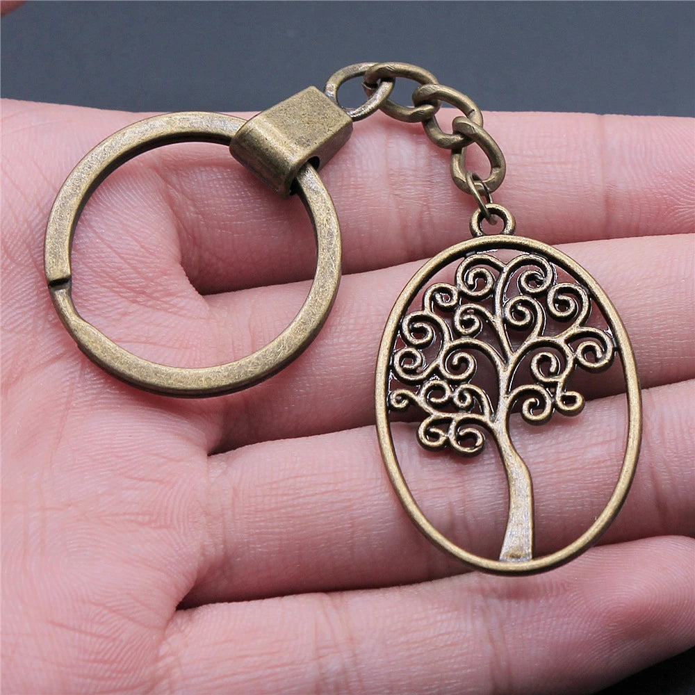 New Fashion Men 30mm Metal Alloy Keychain with Vintage Heart, Flower, Rose, Sunflower & Tree Pendant DIY Keyring Holder Chain Accessory