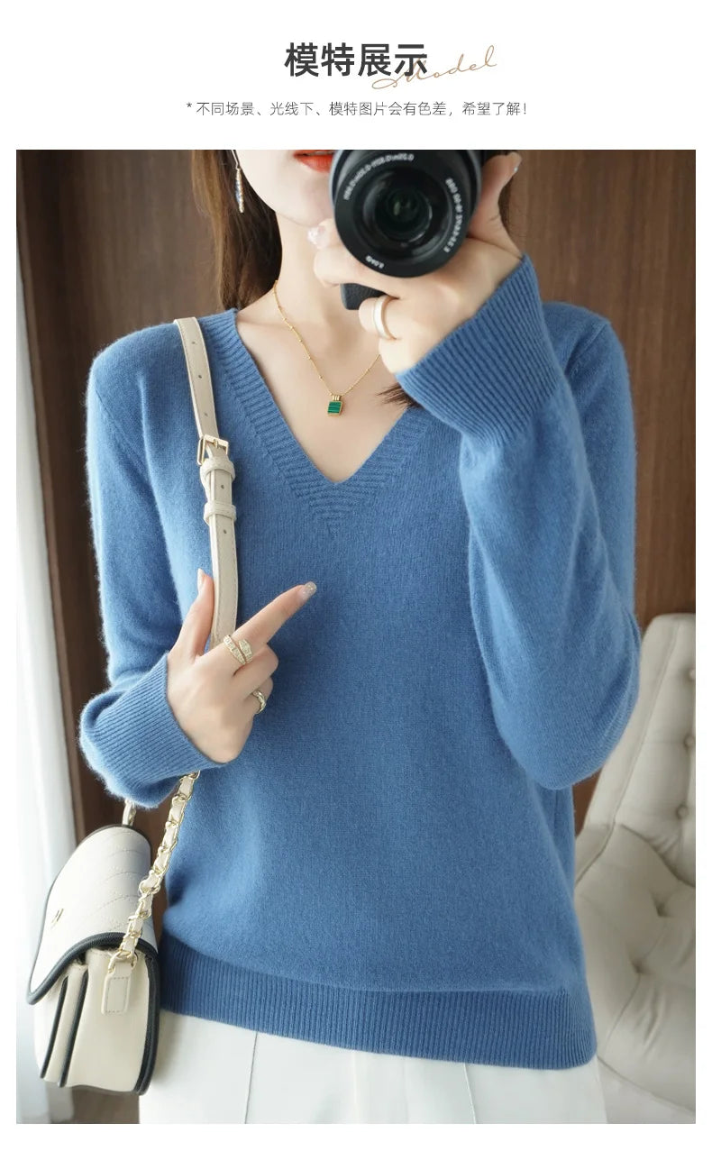 New Women’s Cashmere V-Neck Pullover – Lace Hollow Out Long Sleeve Knitted Sweater for Fall & Winter