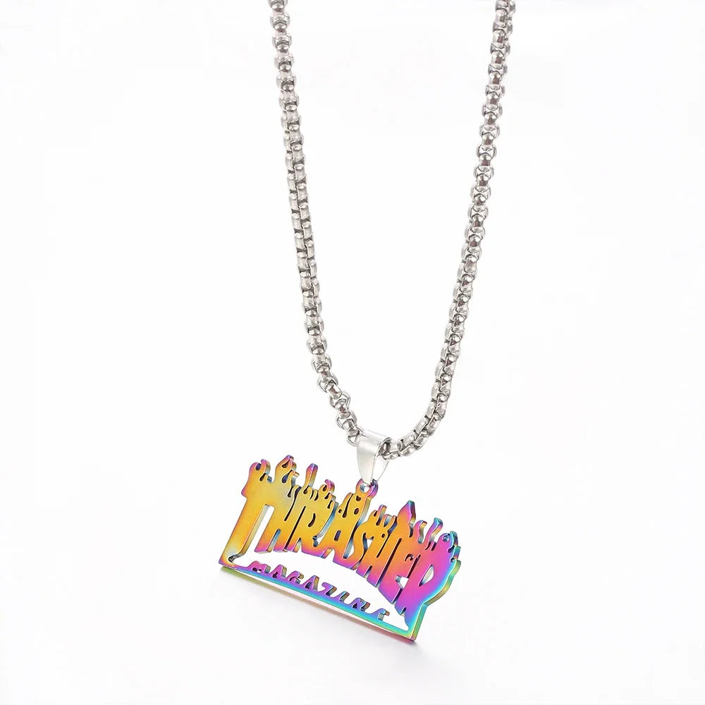 Trendy Hip-Hop Stainless Steel Letter & Flame Pendant Necklace | Street Style Rock Jewelry for Men & Women