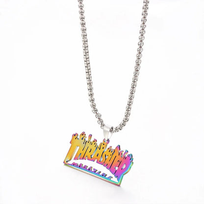 Trendy Hip-Hop Stainless Steel Letter & Flame Pendant Necklace | Street Style Rock Jewelry for Men & Women
