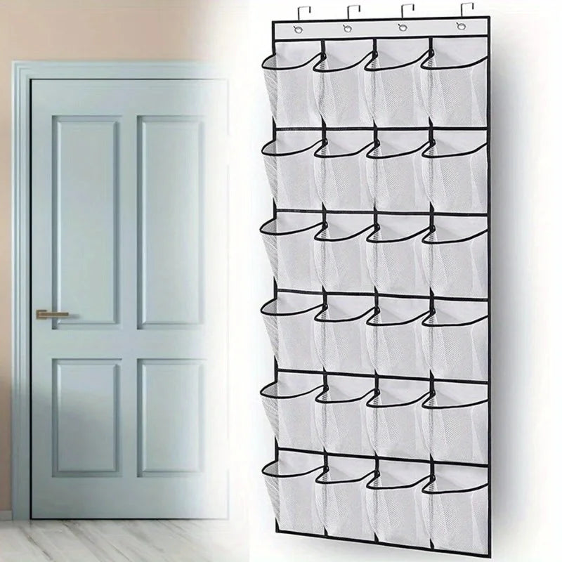 24-Grid Wall-Mounted Shoe Organizer – Fabric Closet Storage Rack with Mesh Pockets, Clear Hanging Over-the-Door Cloth Bag