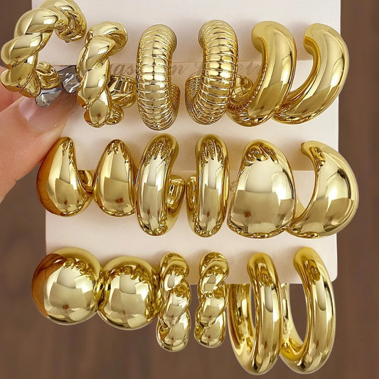 6Pcs Chunky Gold Waterdrop Hoop Earring Set – Bohemia Vintage Minimalist Smooth Circle Drop Earrings for Women