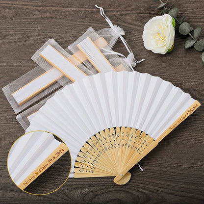 50-100 Personalized Engraved Folding Silk Hand Fans with Gift Bag - Custom Wedding Fans, Elegant Decorations