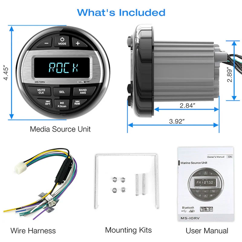 Boat Radio Media Player – Waterproof Marine Stereo MP3 Bluetooth Audio, FM/AM Receiver for Harvesters, ATV, UTV, SPA, RZR