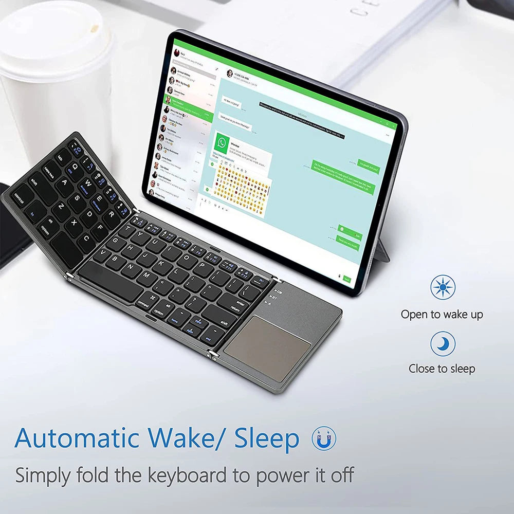 Mini Folding Bluetooth Wireless Keyboard | Portable Universal Foldable Keyboard with Touchpad | Compatible with Windows, Android, iOS Tablet, iPad