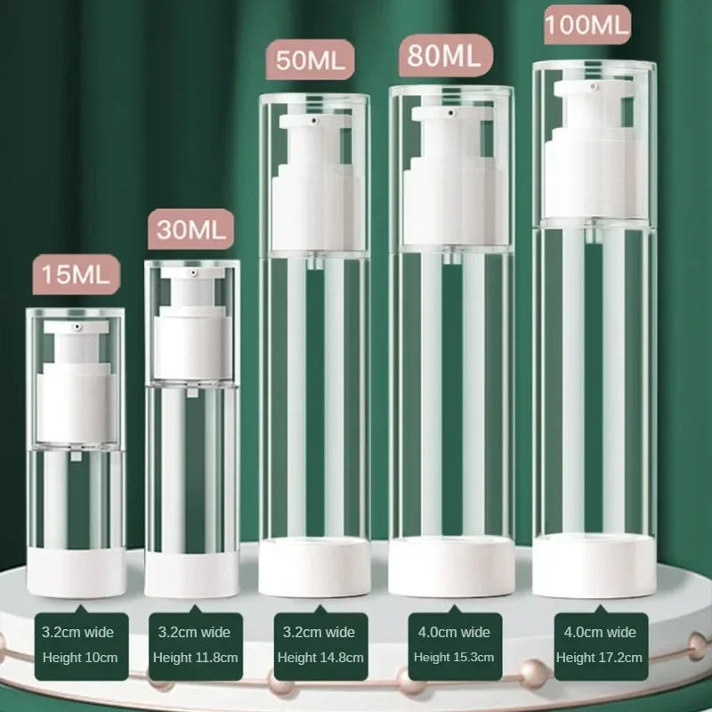 Clear Airless Cosmetic Pump Bottle Set: Travel Size Dispenser for Cream, Gel, Lotion - Makeup Container in 15ml, 30ml, 50ml