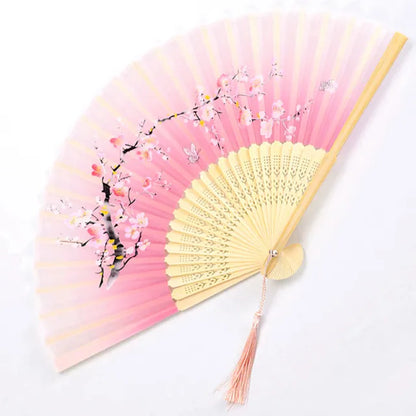 Bamboo Folding Fan with Silk — Chinese & Japanese Style Handheld Fan, Antique Art Craft for Summer Dance, Home Decor & Party