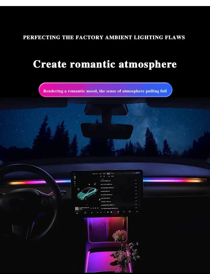2-in-1 Dynamic Neon RGB Car LED Ambient Lighting – Auto OFF 60s Module for Tesla Model 3 & Y Dashboard Decoration