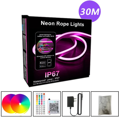 EU Plug DC24V RGB Neon LED Strip – 3535 Bluetooth Music Sync Waterproof Rope Light, 5-30M for Indoor & Outdoor Decor