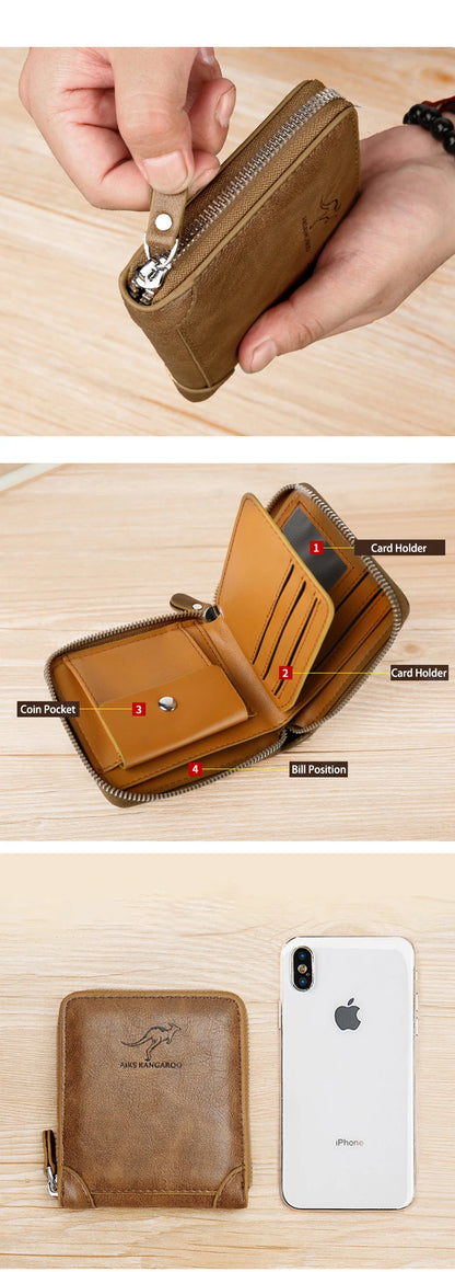 Luxury Leather Men's Wallet – RFID Zipper Card Holder with Coin Pocket, Perfect Gift for Men