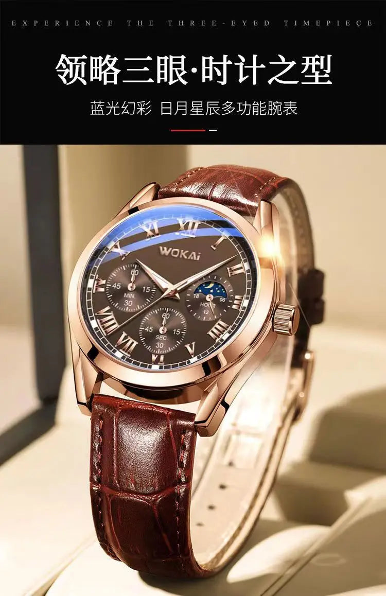 Fashion Business Three-Eye Roman Dial Quartz Watch - Bamboo Belt, Elegant & Stylish Timepiece