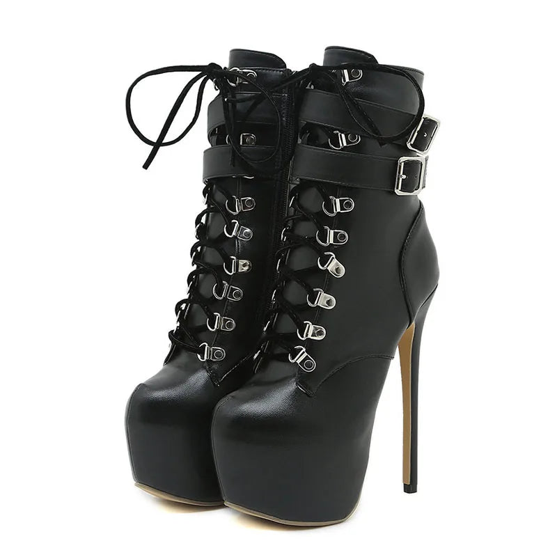Women’s 16.5CM Extreme Platform Boots - Buckle Strap Round Toe Lace-Up Party Club High Heels