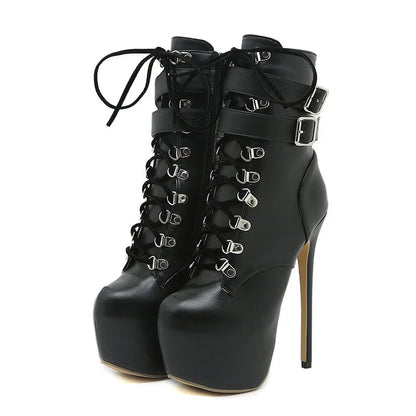 Women’s 16.5CM Extreme Platform Boots - Buckle Strap Round Toe Lace-Up Party Club High Heels