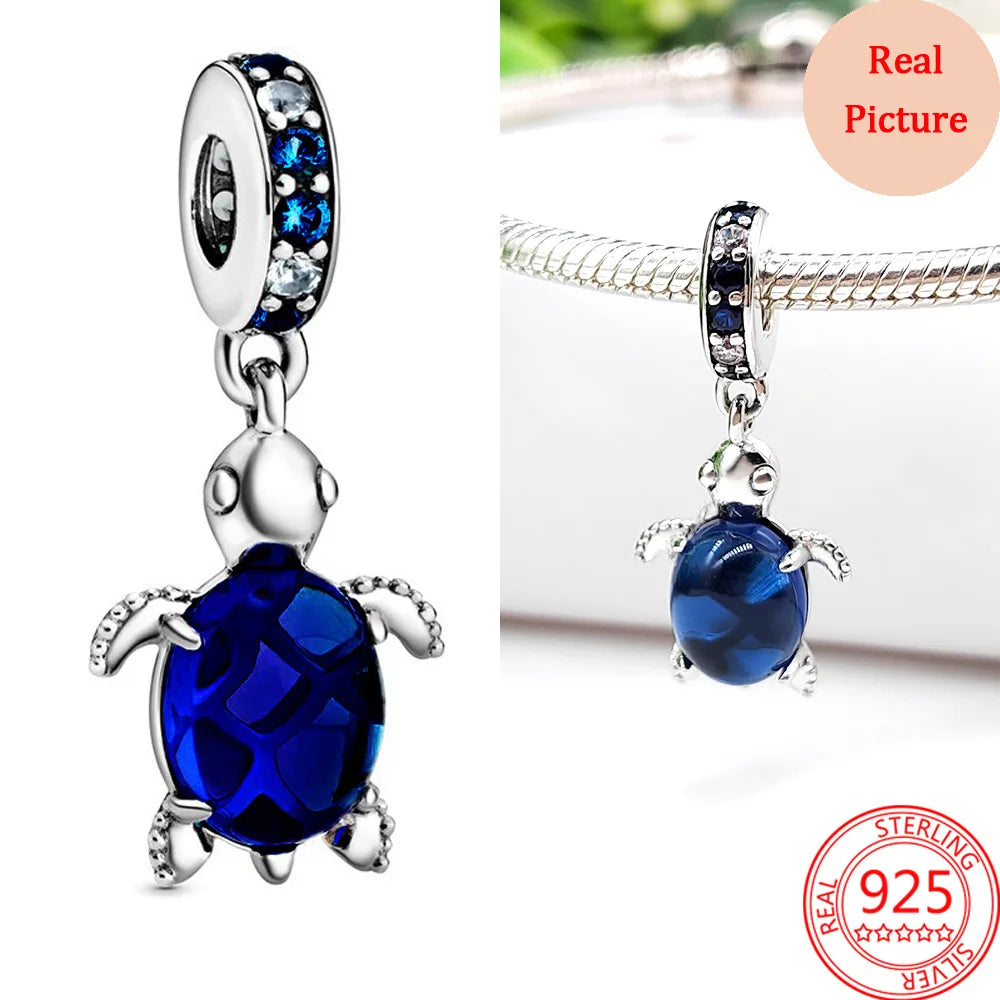 925 Silver Plated Murano Glass Sea Turtle Dangle Charm - Colorful Pink & Blue Jewelry for Women's Bracelet
