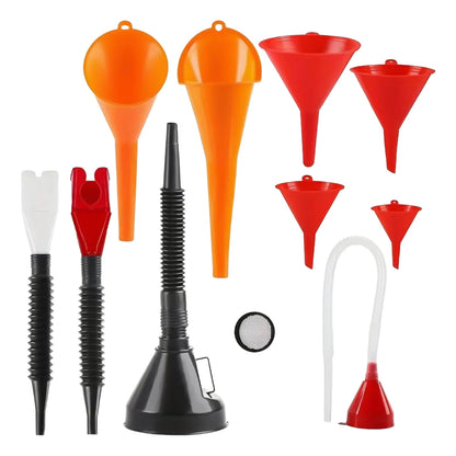Automotive Plastic Funnel Set – Wide Mouth Flexible Multi-Use Funnels for Fuel, Oil, Water Coolant & Engine Maintenance, Right Angle Design Garage Tool