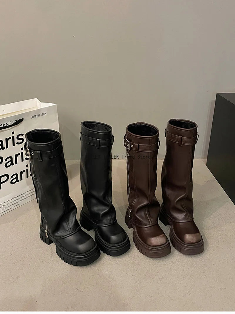 Winter Women's Biker Boots – Fashion Belt Buckle Knee-High Platform Booties