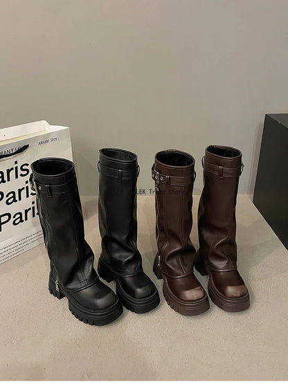Winter Women's Biker Boots – Fashion Belt Buckle Knee-High Platform Booties