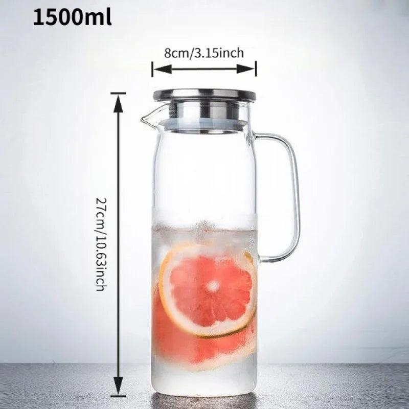 Borosilicate Glass Water Pitcher - 1L/1.5L Straight Juice Jug with Stainless Steel Lid for Coffee & Drinks