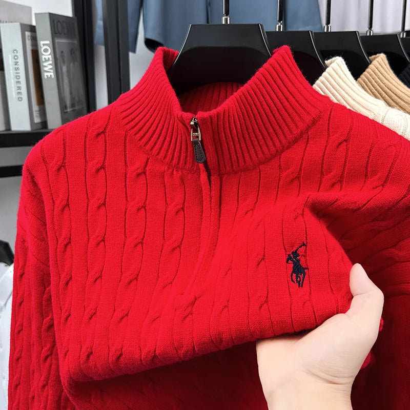 Heshi Men's Vintage Zipper Sweater - Stand Collar 3D Embroidery Autumn Winter Knitwear Casual Pullover