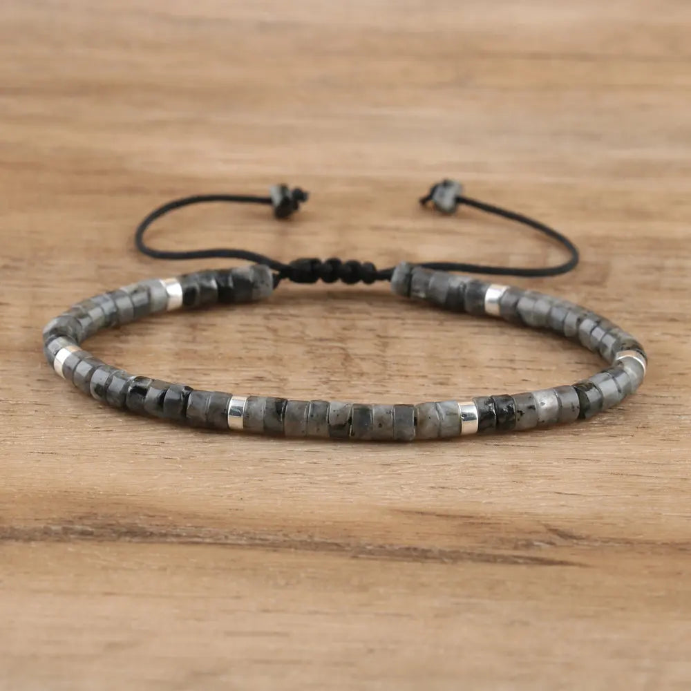 Natural Blue Emperor Stone Beaded Bracelet – Polished Block Beads, Adjustable Woven Rope Women’s Gift Jewelry