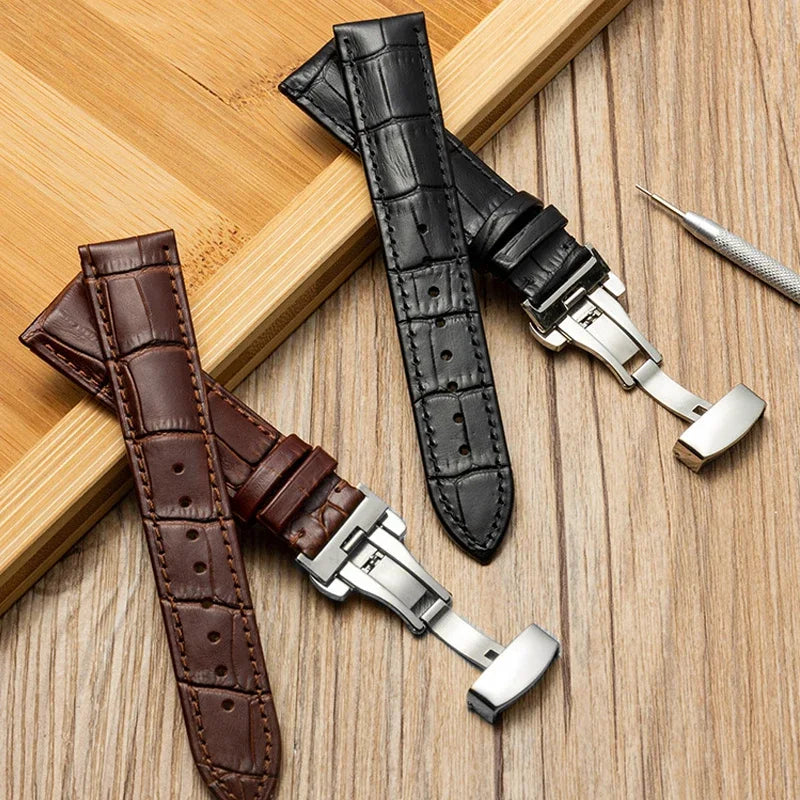 Genuine Leather Watch Band with Wooden Box – Replacement Strap with Butterfly Clasp, 18mm 20mm 22mm Bracelet Accessory