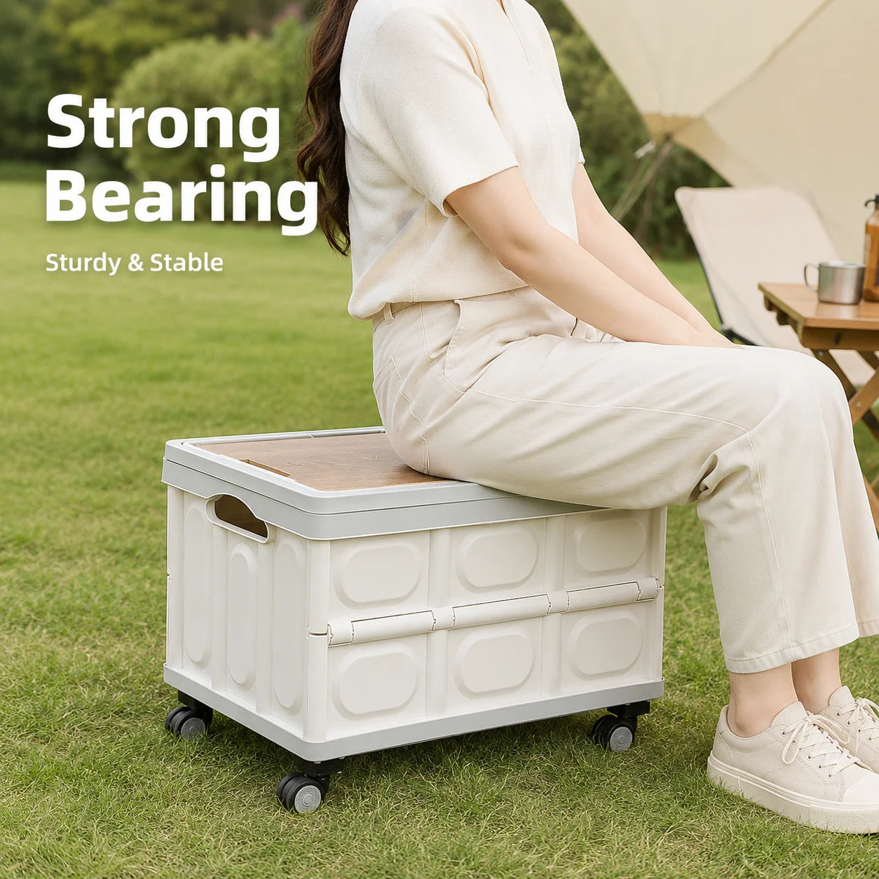 Foldable Storage Box with Wheels - Camping Gear Organizer with Wooden Lid for Car Trunk & Outdoor Use